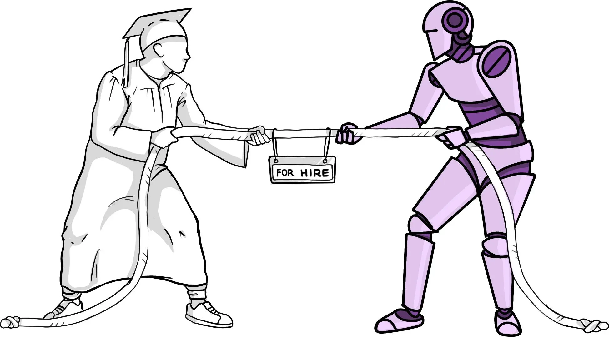 صورة توضح صراع بين خريج جديد في علوم الكمبيوتر وروبوت، حيث يسحب كل منهما حبلًا يحمل لافتة "للتوظيف"، مما يعكس التنافس في سوق العمل.