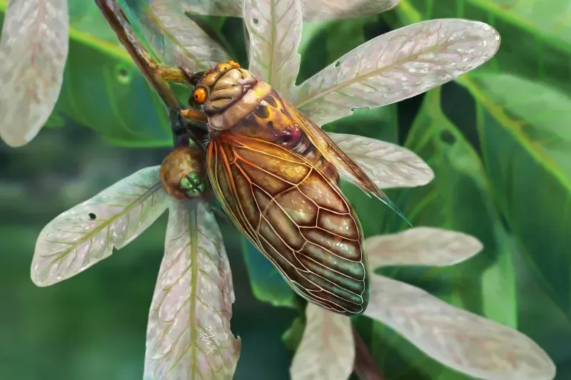 حشرة الزيز المفلطح Eoplatypleura messelensis، محنطة بشكل جيد، تظهر على ورقة نباتية، توضح تفاصيل جناحيها المعرقين.
