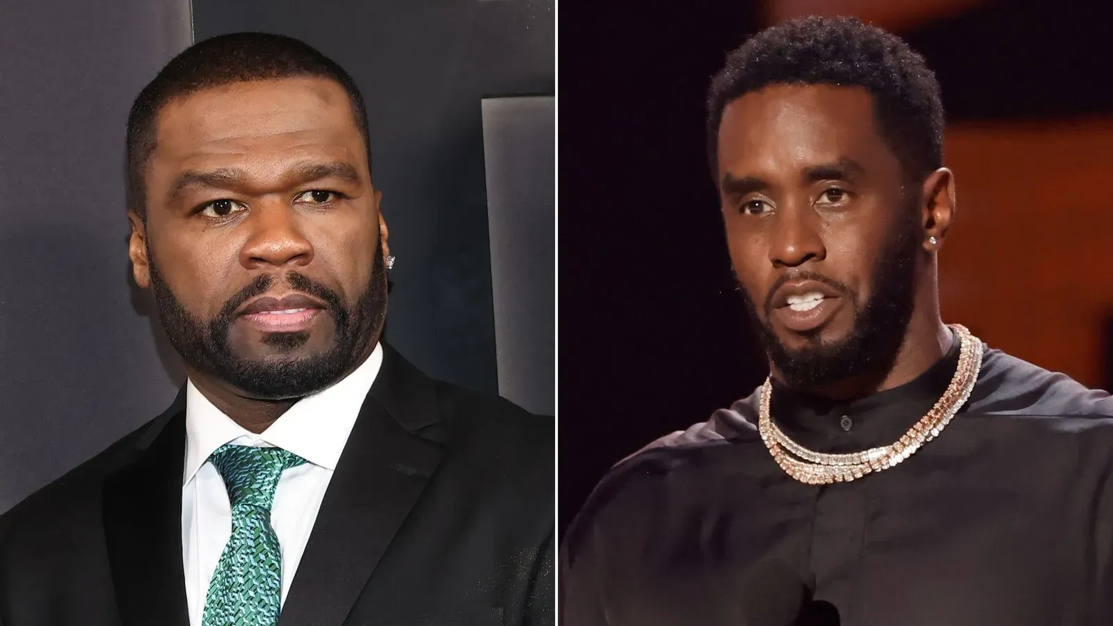 صورة تظهر 50 Cent وديدي يتحدثان في حدث عام، مع تعبيرات جادة، تعكس التوتر المستمر بينهما في عالم الهيب هوب.
