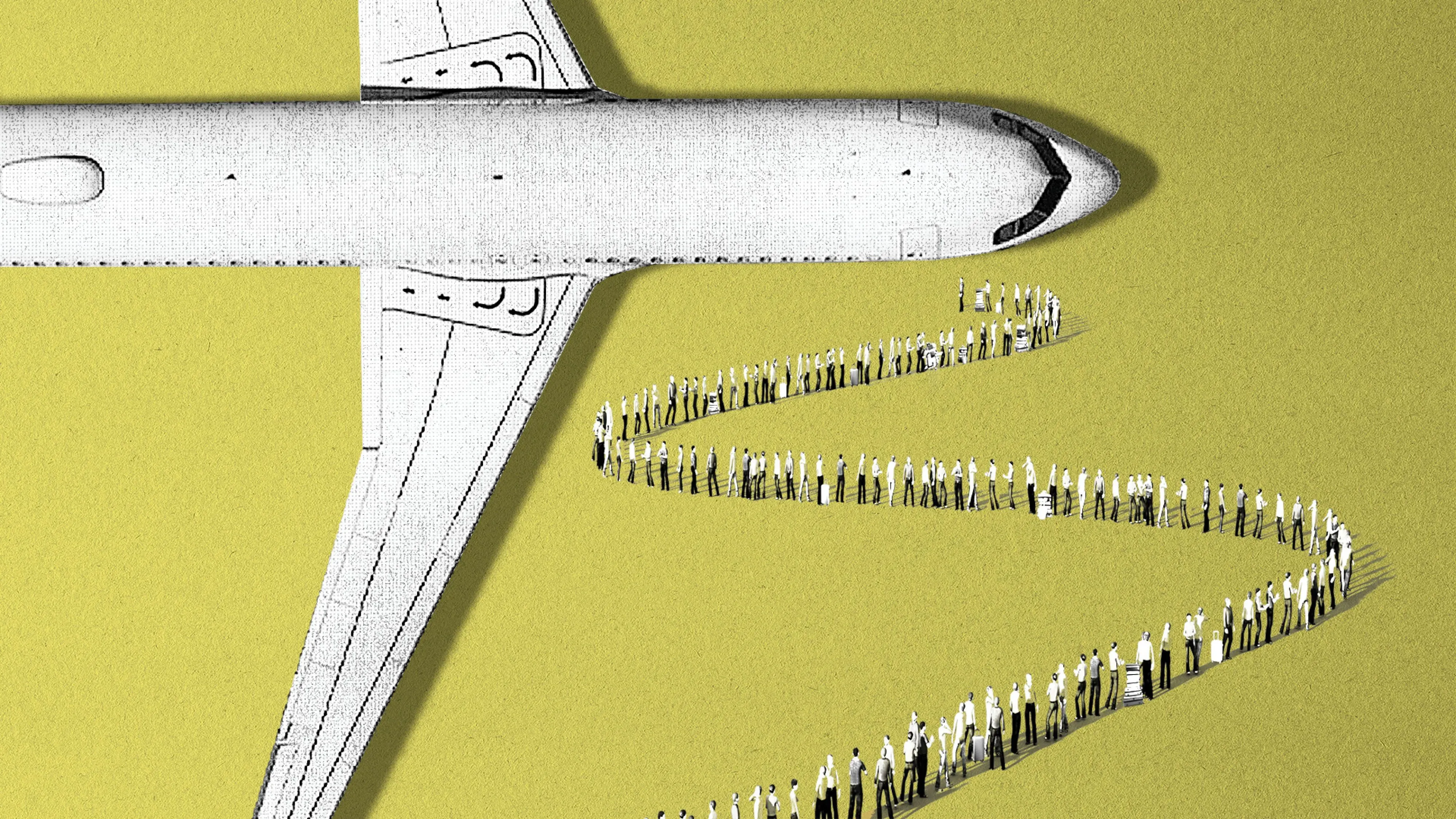 طوابير طويلة من المسافرين في مطار تحت طائرة، تعكس تأثير نقص موظفي إدارة أمن النقل بسبب الإغلاق الحكومي.