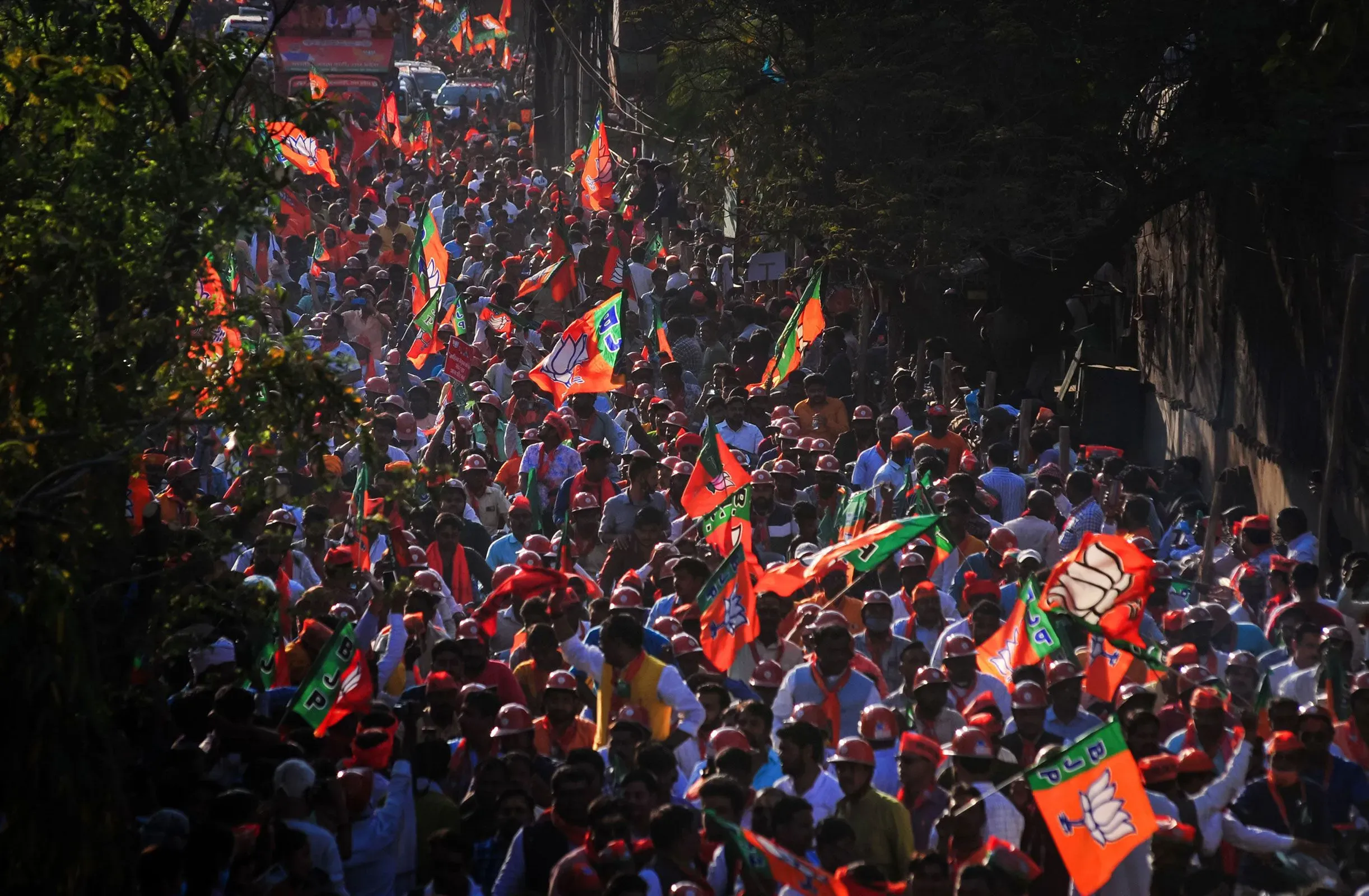 تجمع حاشد في الهند يظهر مؤيدي حزب بهاراتيا جاناتا وهم يحملون الأعلام، مما يعكس التوترات حول مكانة اللغة الإنجليزية في البلاد.