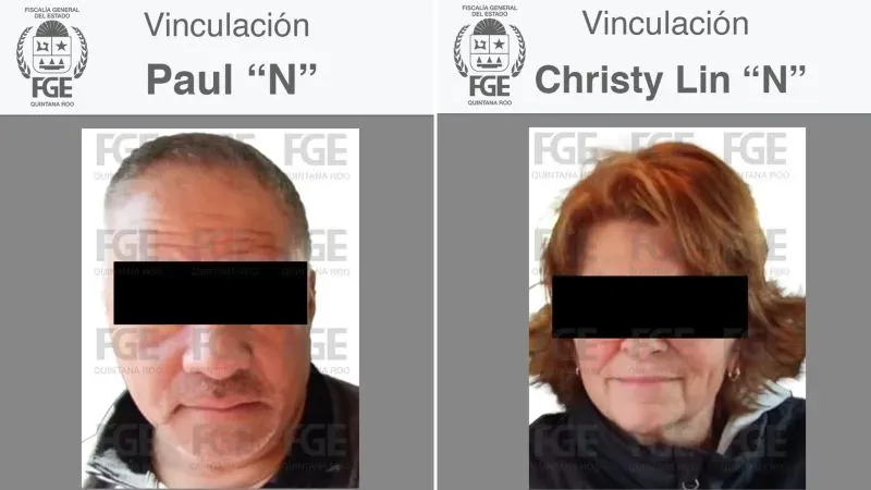 صورة توضح هويات بول وكريستي أكيو، الزوجين المحتجزين في المكسيك بتهمة الاحتيال، مع تفاصيل قانونية حول قضيتهما.