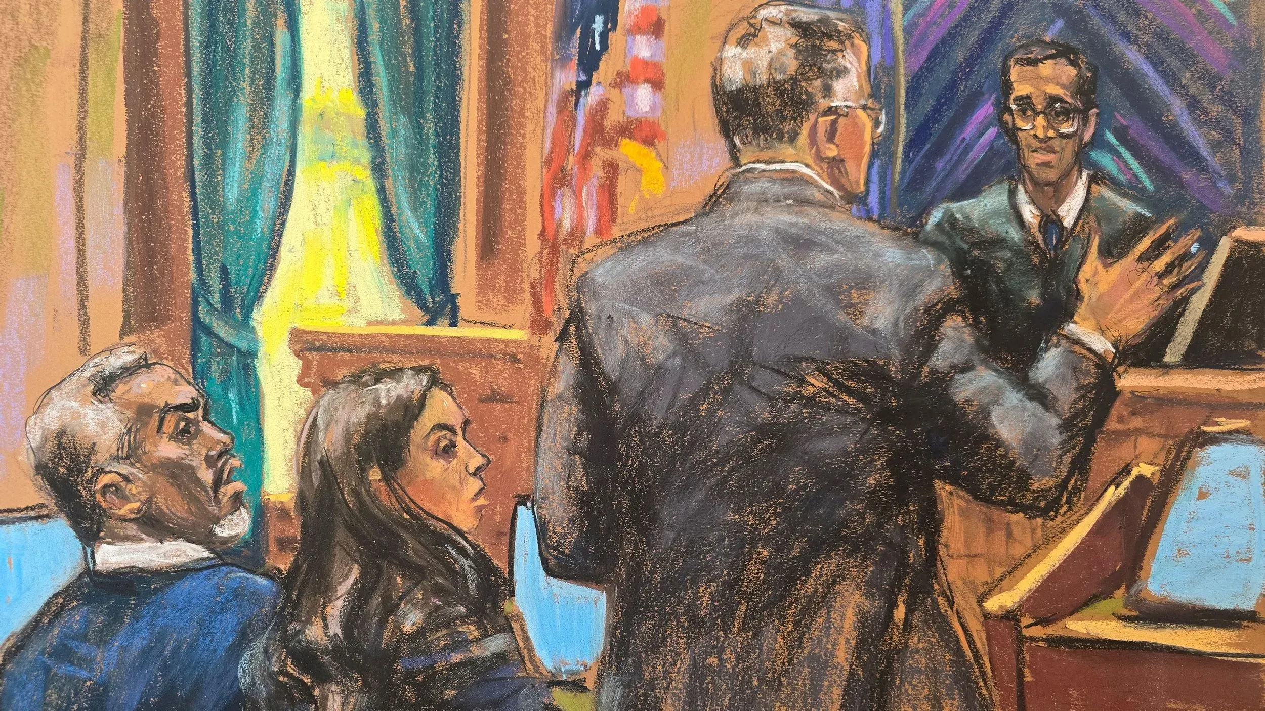 محامو الدفاع يتحدثون في قاعة المحكمة خلال محاكمة شون كومبس، مع حضور المحلفين المحتملين، في سياق قضية الاتجار بالجنس.