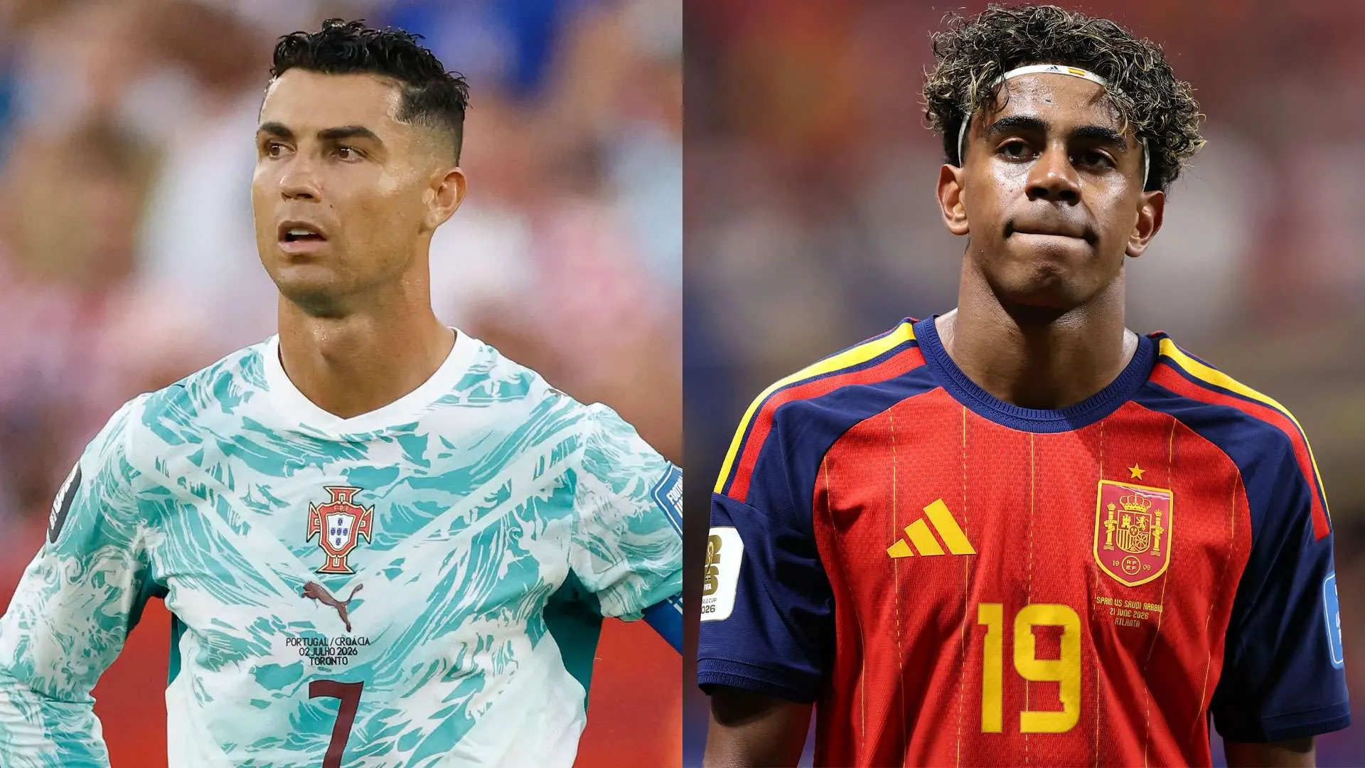 كريستيانو رونالدو بزي البرتغال ورقمه 7، ولاعب إسبانيا رقم 19 بزي المنتخب الأحمر، في مباراة كأس العالم 2026.