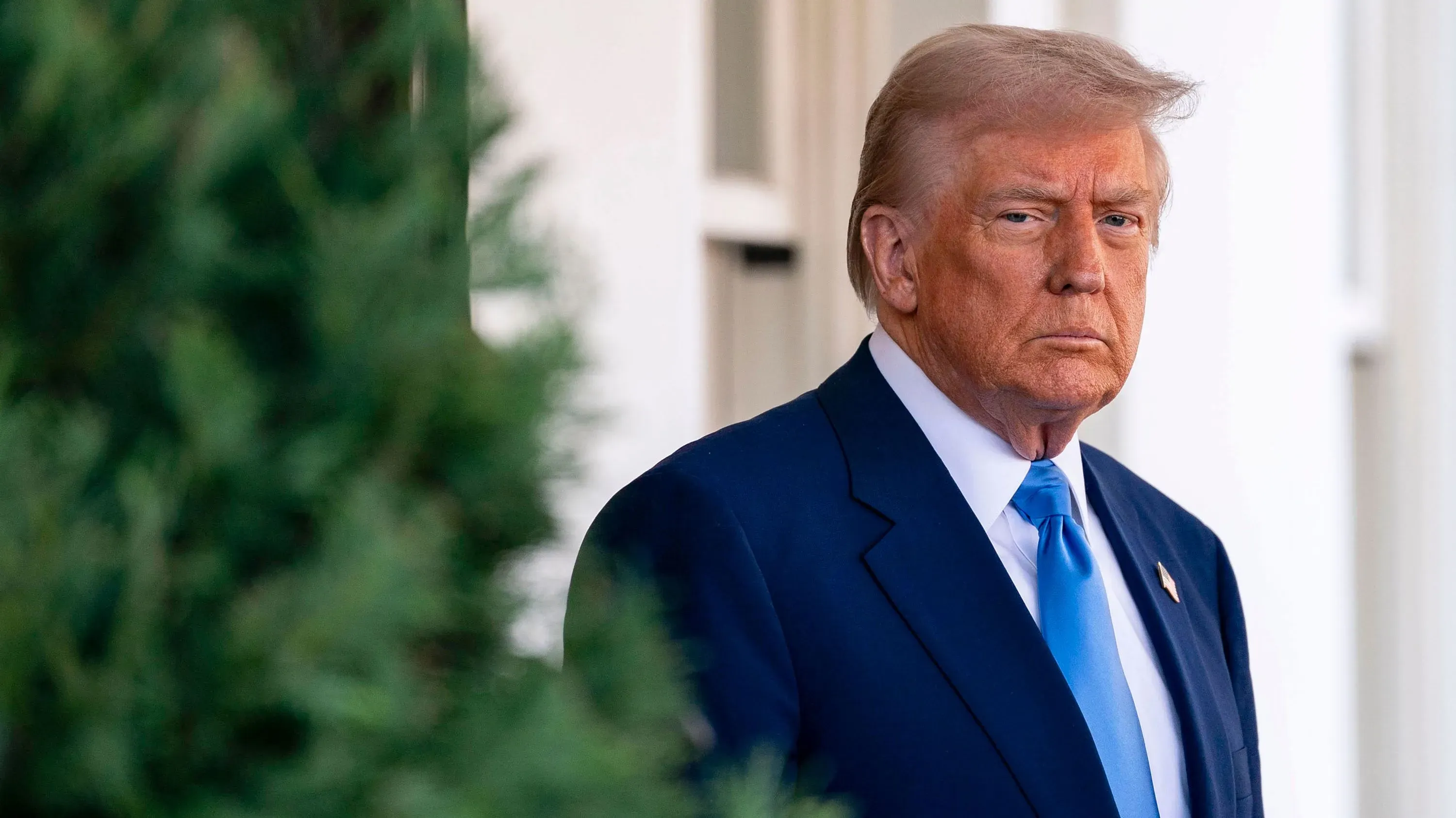 ترامب يقف بجوار شجرة، مع تعبير جاد، بينما يناقش إمكانية إنهاء النزاع بين أوكرانيا وروسيا.