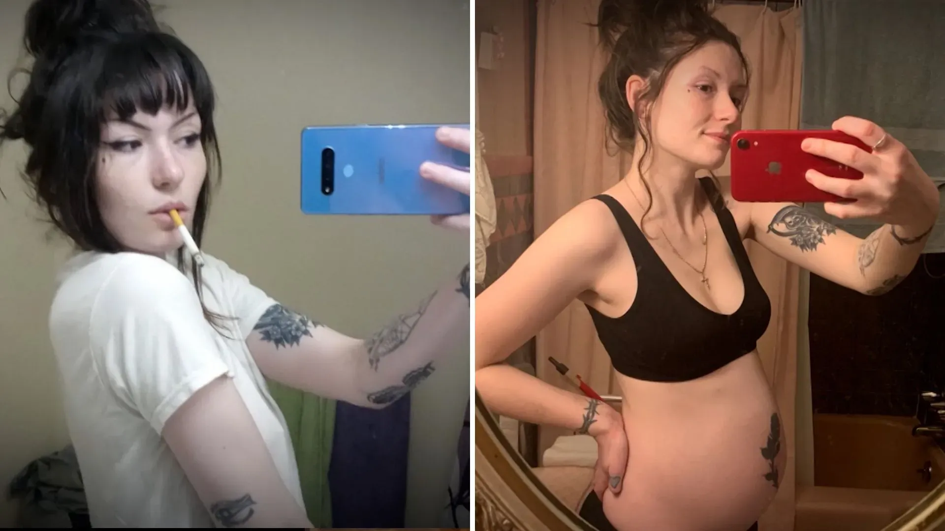 صورة تظهر كريستال كويغلي، حيث تُظهر جانبين من حياتها: في اليسار، تعبير عن المعاناة مع الإدمان، وفي اليمين، فترة الحمل، مما يعكس تحولها نحو التعافي.