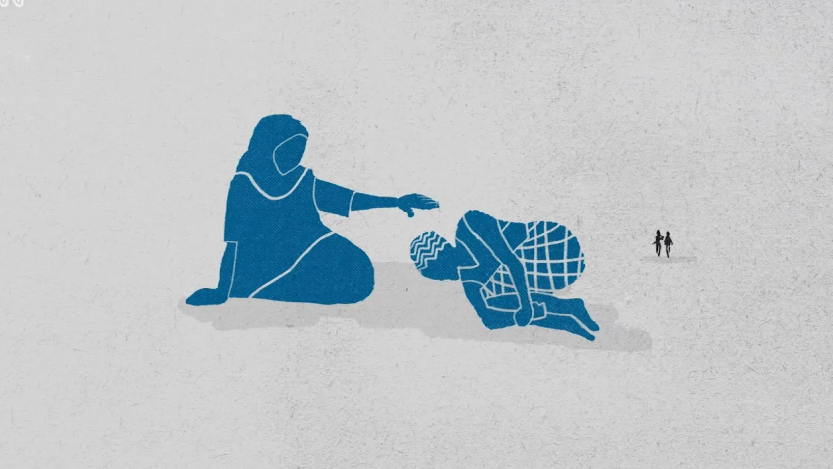 رسم توضيحي يظهر امرأة تساعد فتاة صغيرة تجلس على الأرض، مما يعكس قضايا العنف ضد الأطفال في شرق الكونغو.