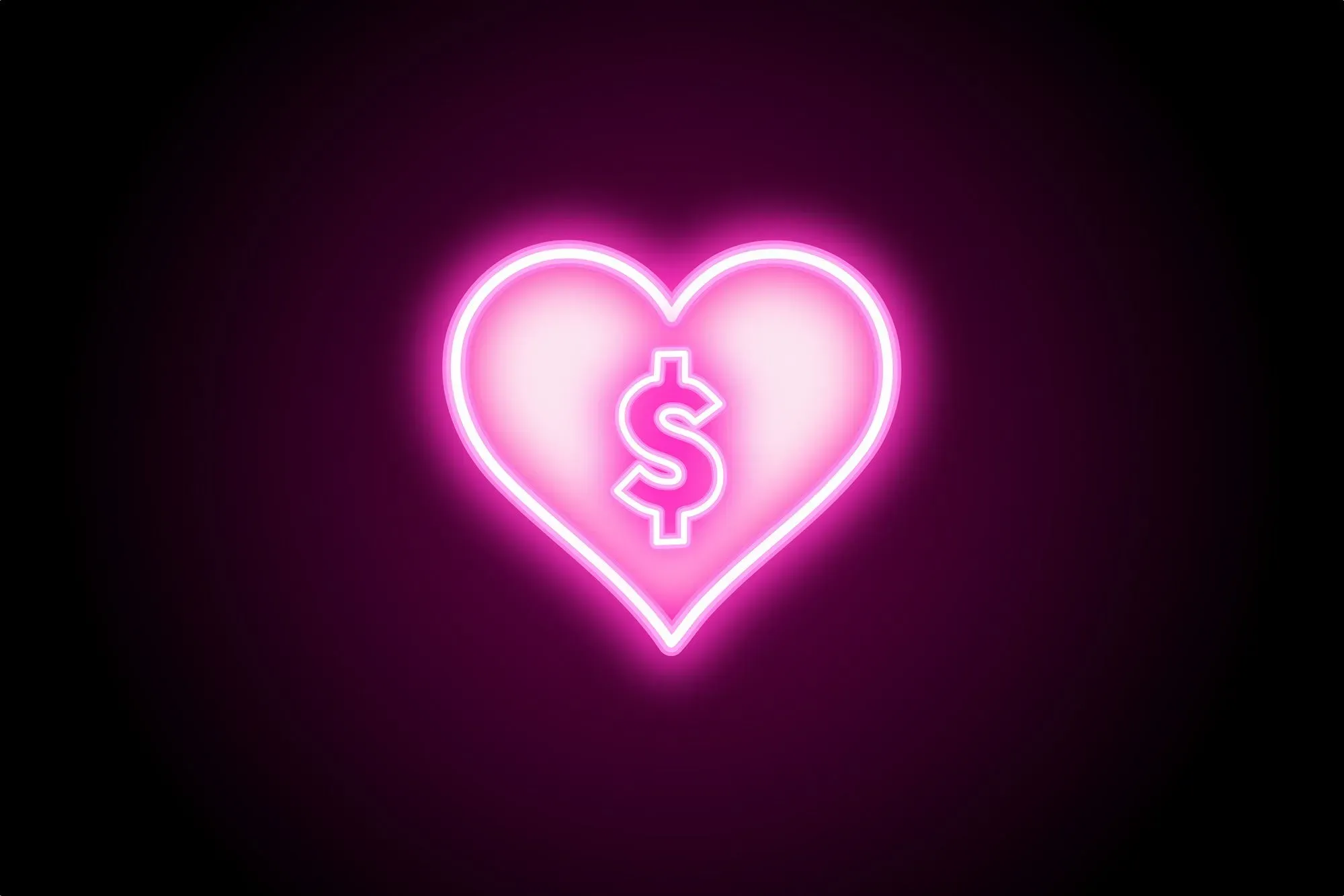 قلب مضيء باللون الوردي مع رمز الدولار، يرمز إلى العلاقة العاطفية بالمال وتأثيره على الرفاهية المالية.
