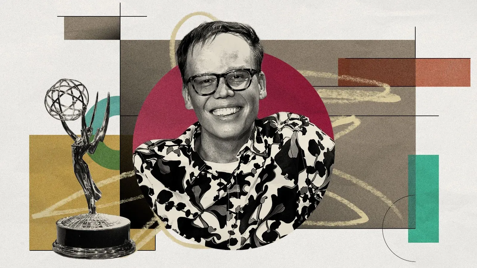 جيف هيلر مبتسم مع جائزة إيمي، محاط بألوان وخلفية فنية، يعكس لحظة فوزه وتأثيره في مسلسل "شخص ما في مكان ما".