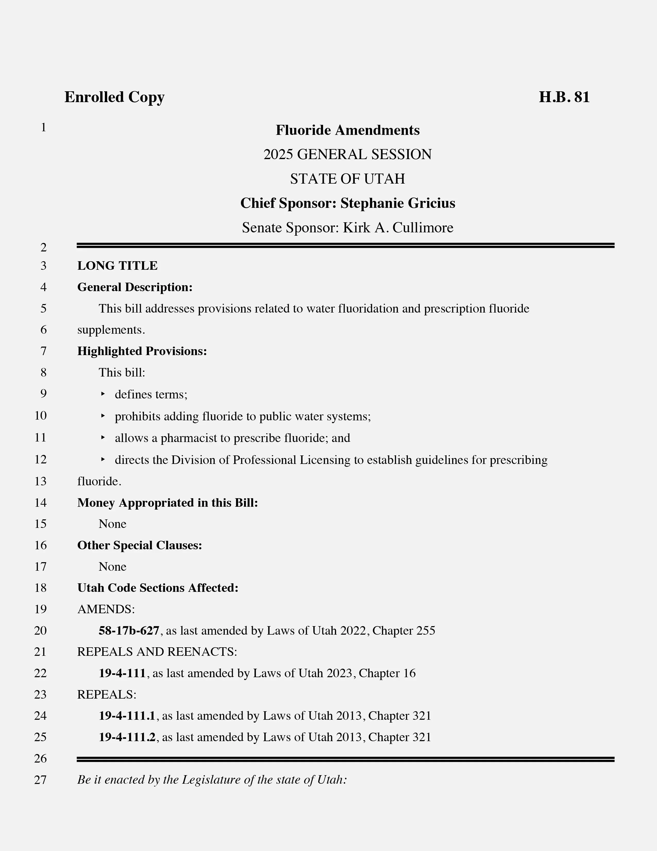 تقرير قانوني عن تعديلات الفلورايد في ولاية يوتا، يوضح حظر إضافة الفلورايد إلى المياه العامة وتسهيل الحصول على مكملات الفلورايد.