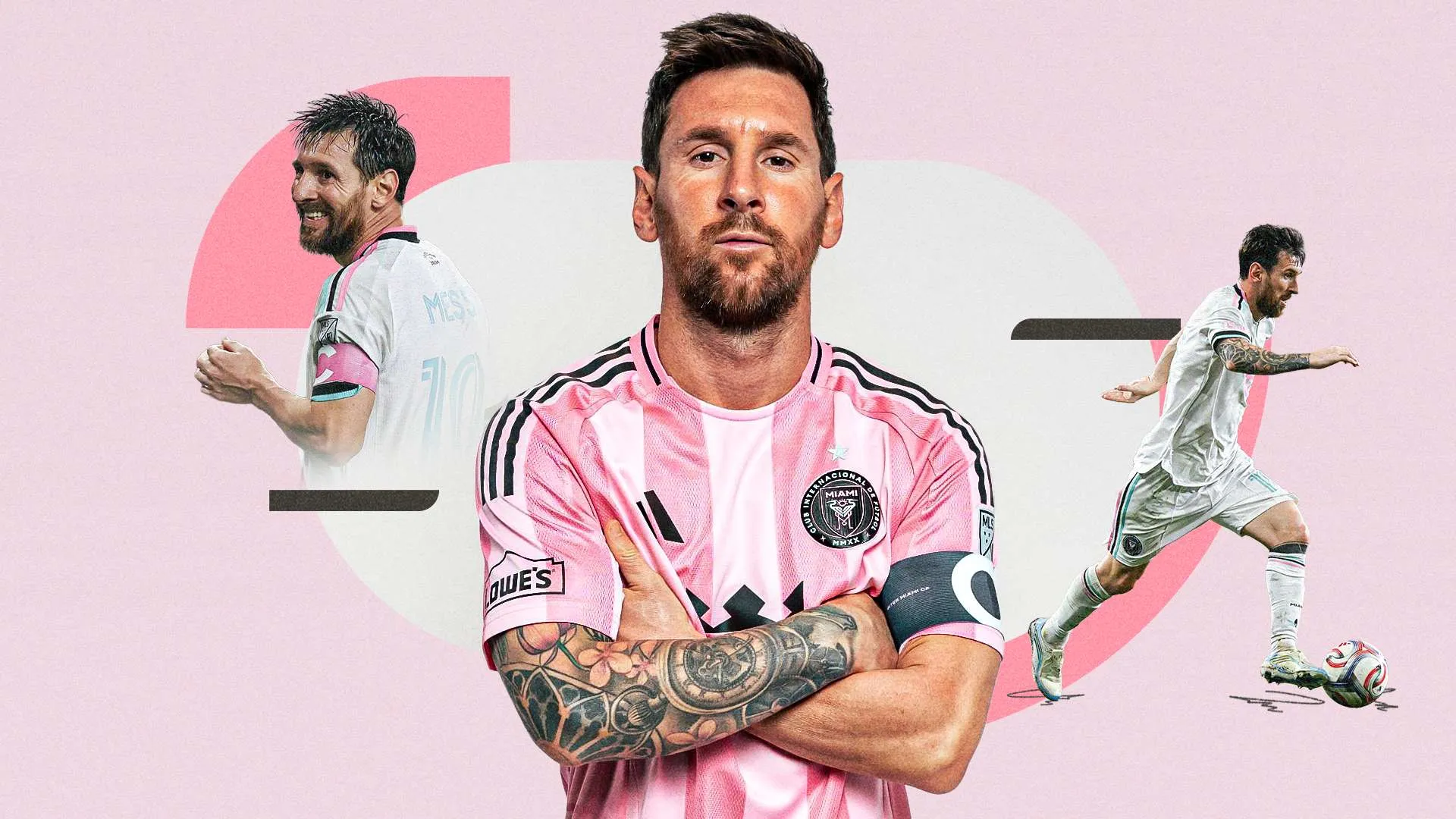 ليونيل ميسي بقميص إنتر ميامي مع صور متعددة له أثناء اللعب، مع التركيز على مسيرته الدولية واستثماراته في أندية كرة القدم.