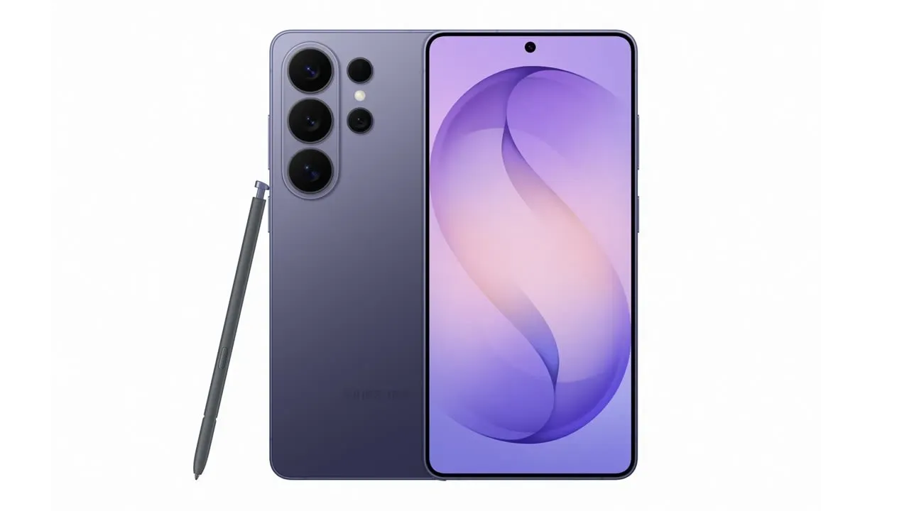 هاتف سامسونج Galaxy S26 بلون أرجواني، مزود بكاميرات متعددة، وقلم S Pen، مع شاشة تعرض تصميمًا عصريًا يبرز ميزات الذكاء الاصطناعي.