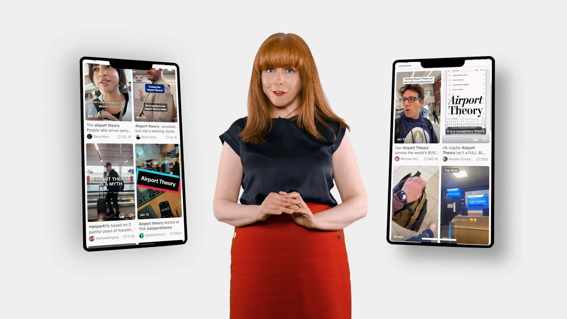امرأة ذات شعر أحمر ترتدي قميصاً أسود وتنورة حمراء، تقف أمام شاشات تعرض محتوى متعلق بنظرية المطار على تطبيق تيك توك.