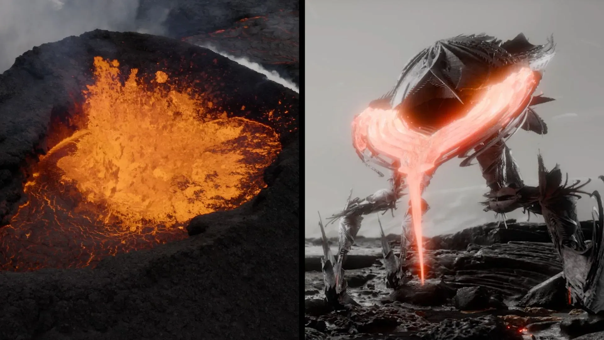 مشهد لبركان نشط ينفث الحمم البركانية، مع تصور فني لهيكل معماري مستقبلي مستوحى من الحمم، يعكس مشروع "Lavaforming".