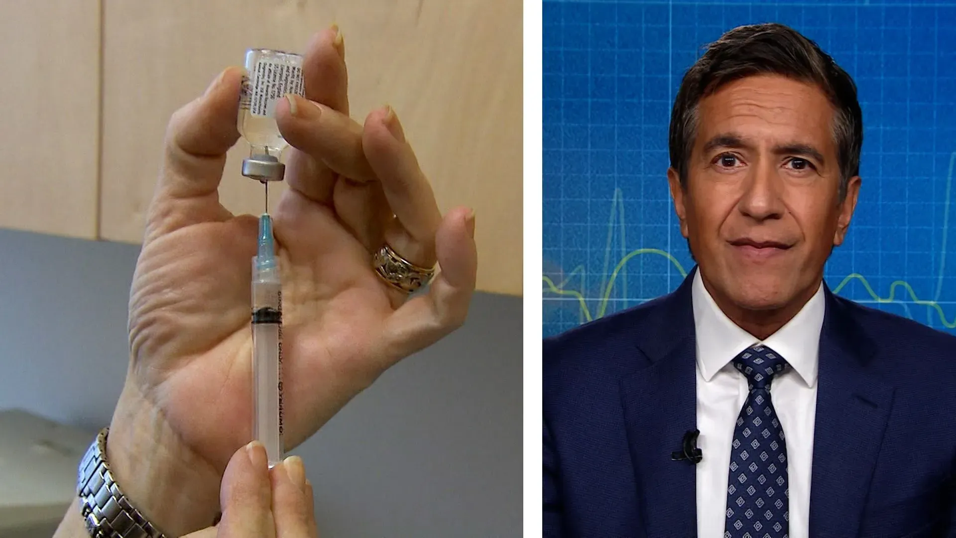 صورة تظهر يدًا تحمل حقنة محشوة بلقاح، مع طبيب يتحدث في الخلفية. تعكس الصورة المخاوف من مضاعفات الإنفلونزا وضرورة التطعيم.