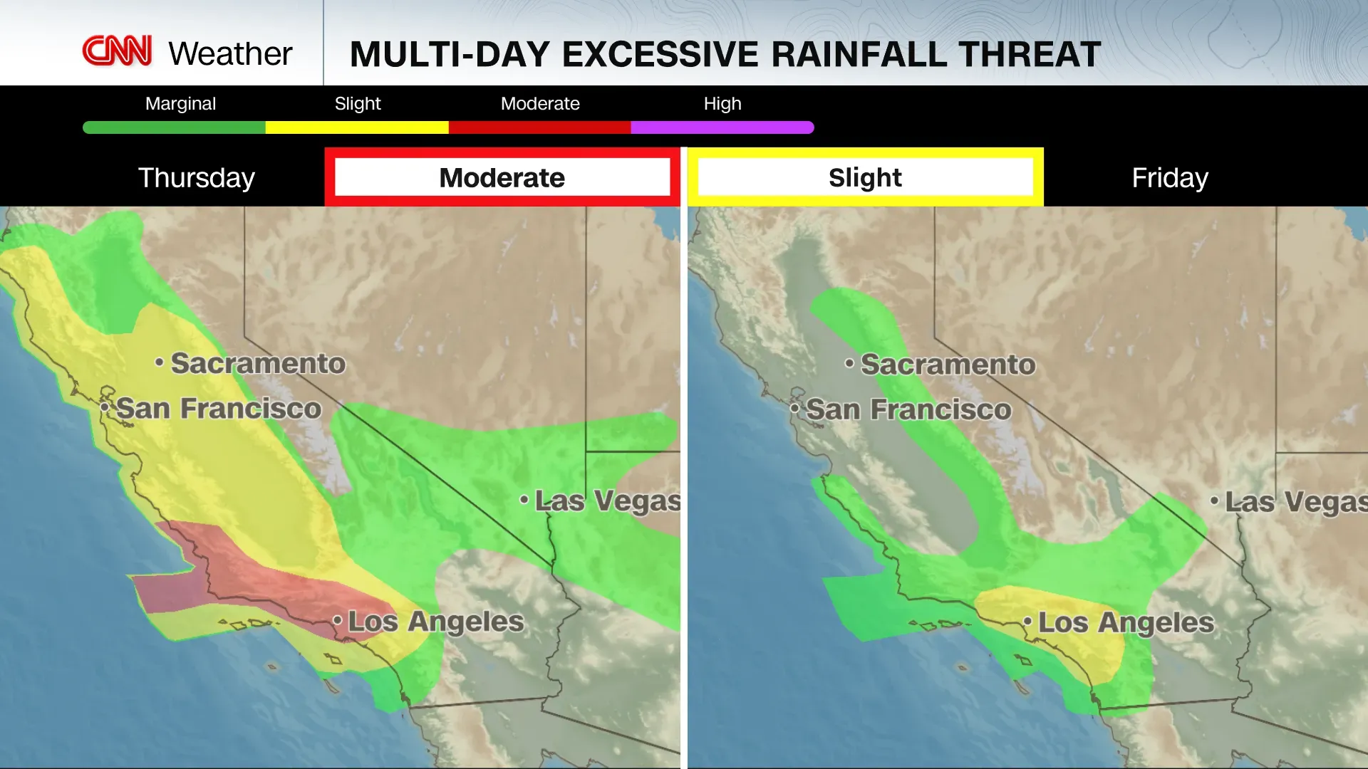 خريطة توضح مناطق خطر هطول الأمطار الغزيرة في كاليفورنيا، مع تصنيفات متوسطة إلى عالية، تشير إلى توقعات الفيضانات.