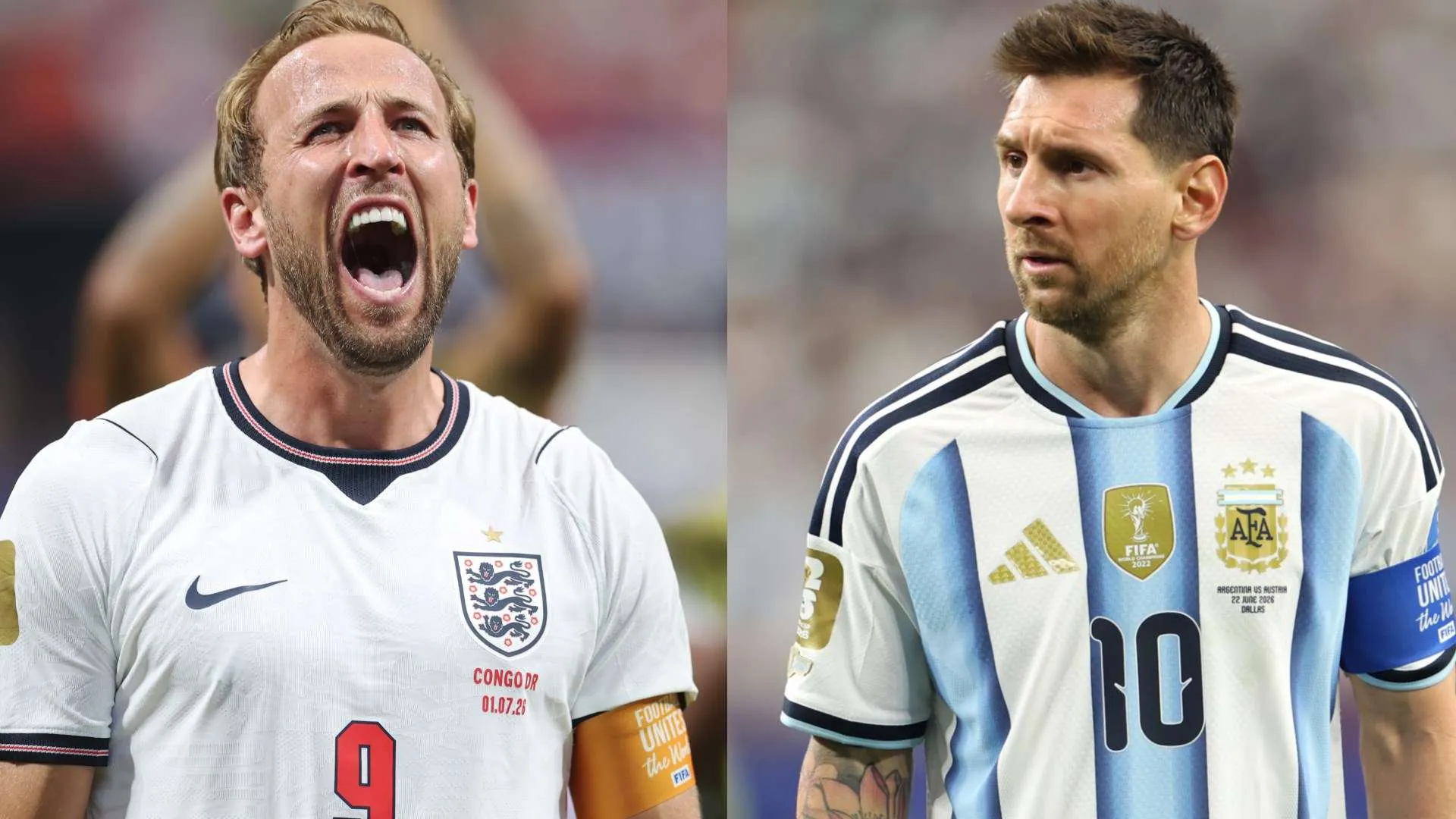 هاري كين يحتفل بهدفه الحاسم مع منتخب إنجلترا، وميسي يراقب المباراة، في مواجهة كأس العالم 2023.
