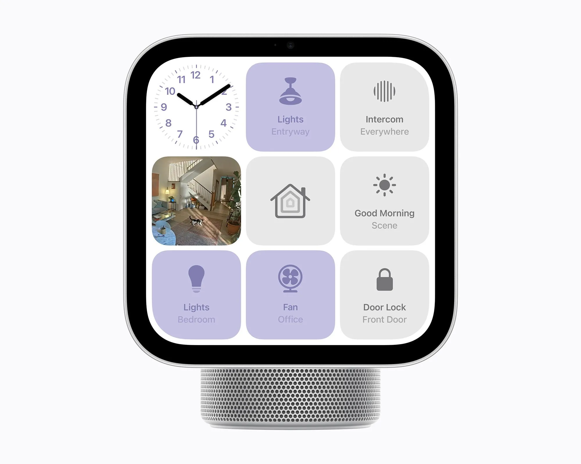 جهاز HomeView من Apple بشاشة لمس 7 بوصات للتحكم في المنزل الذكي مع واجهات لإدارة الإضاءة، التهوية، والأمان عبر Siri المطور.