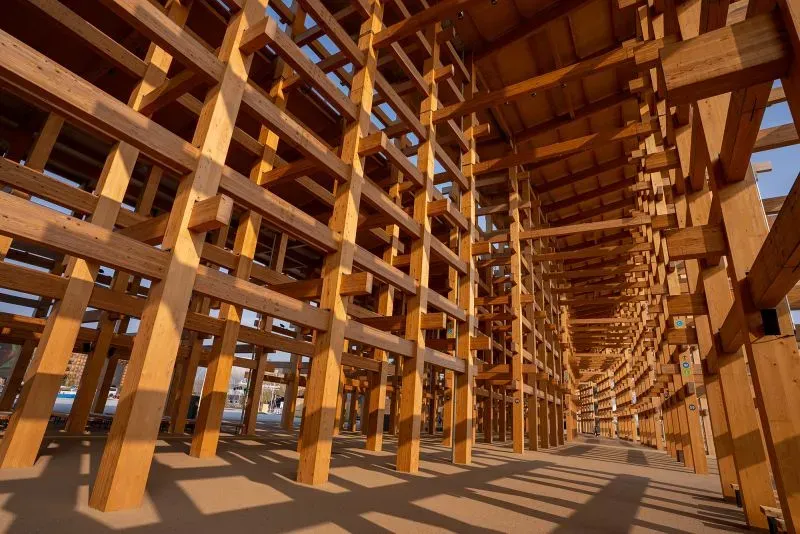 هيكل خشبي كبير في معرض إكسبو 2025 بأوساكا، يمثل الوحدة والابتكار، مصمم من الخشب الياباني، ويعد الأكبر عالميًا.
