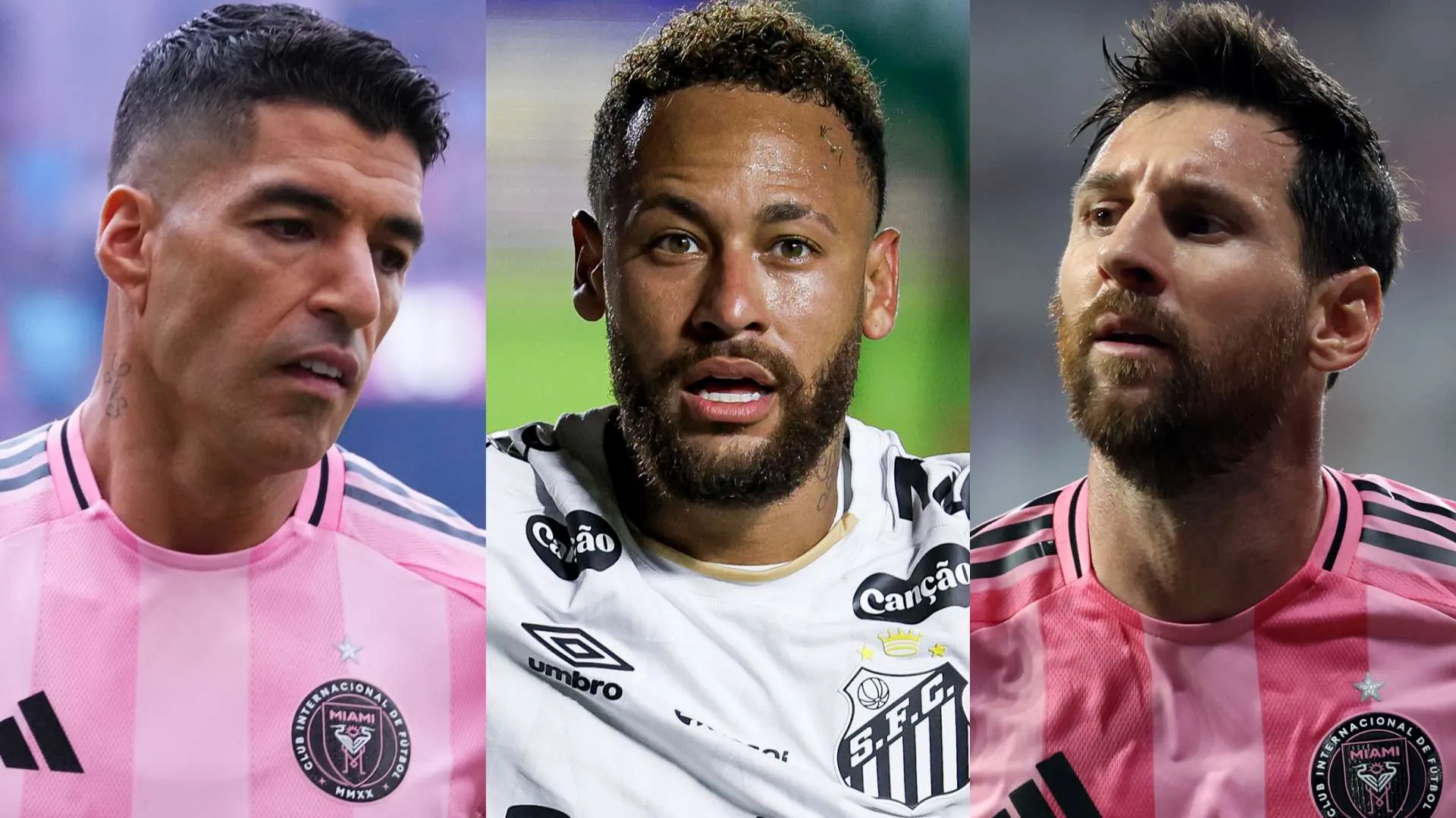 نيمار مع ميسي وسواريز في صور منفصلة، مع احتمالية انضمام نيمار إلى إنتر ميامي في الدوري الأمريكي لكرة القدم.