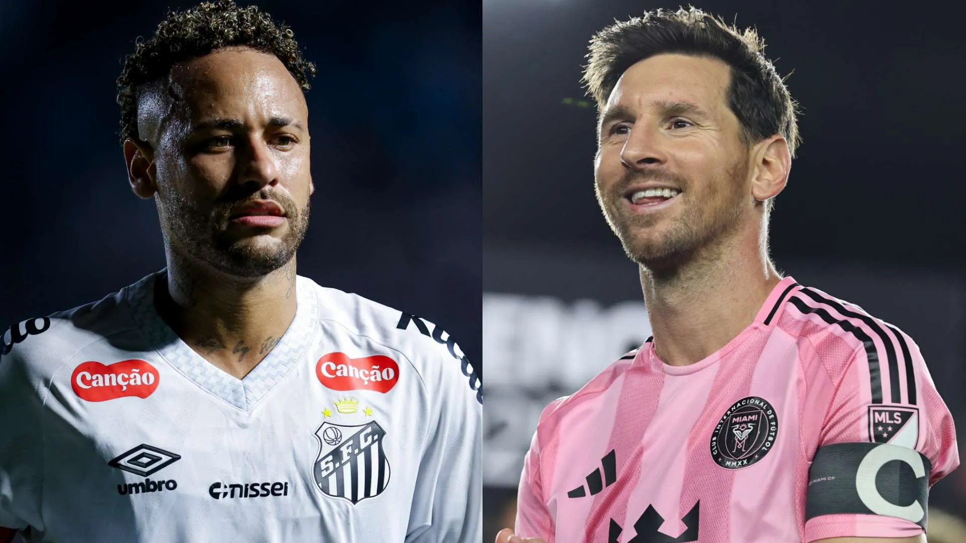 نيمار في زي سانتوس وليونيل ميسي في قميص إنتر ميامي، مع توقع انتقال نيمار للدوري الأمريكي MLS وإعادة تشكيل ثلاثية MSN.