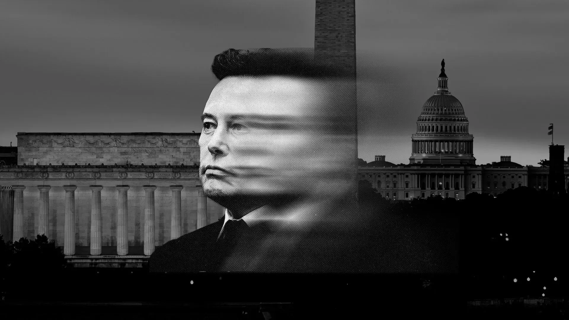 صورة فنية بالأبيض والأسود لإيلون ماسك، مع معالم معروفة في واشنطن مثل نصب لينكولن وكنيسة الكابيتول، تعكس تأثيره في الحكومة.