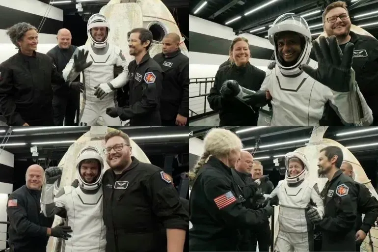 رواد الفضاء من الهند وبولندا والمجر والولايات المتحدة يحتفلون بعد هبوطهم الناجح في كاليفورنيا بعد مهمة أكسيوم 4.