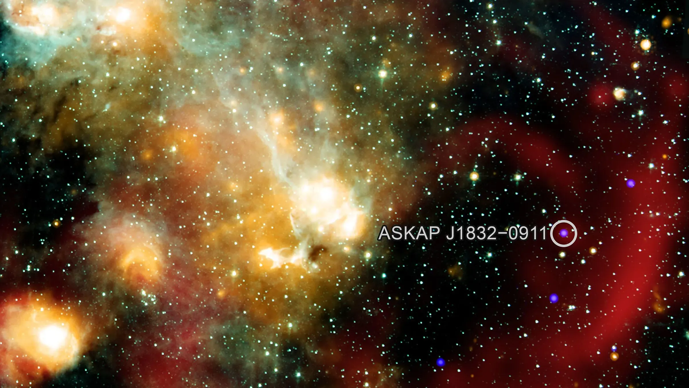 جسم سماوي يُعرف باسم ASKAP J1832-0911، يظهر في خلفية مليئة بالنجوم، ويُصدر ومضات ساطعة من موجات الراديو والأشعة السينية.