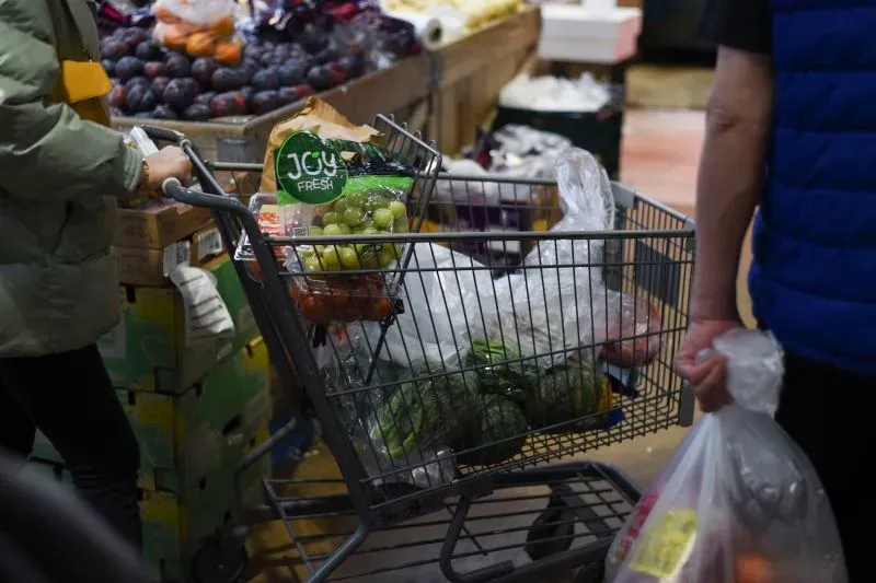 عربة تسوق مليئة بالخضروات والفواكه الطازجة في سوبر ماركت تشانغ جيانغ في فلاشينغ، كوينز، وسط أجواء حيوية تعكس تنوع المجتمع.