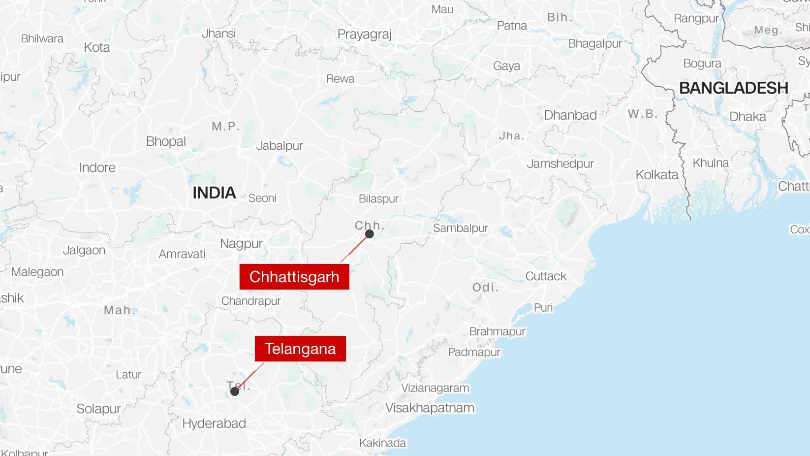 خريطة توضح حدود ولايتي تشاتيسجاره وتيلانجانا في الهند، حيث نفذت الشرطة أكبر عملية ضد المتمردين الماويين.