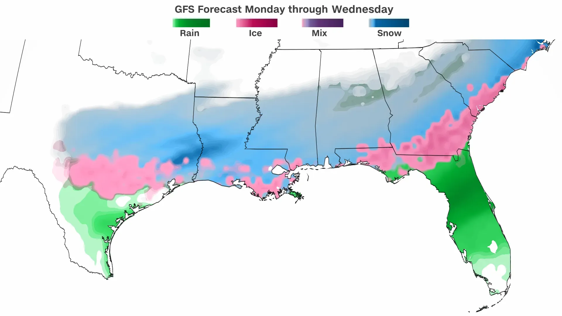 توقعات للأحوال الجوية تظهر خريطة توضح تساقط الثلوج والأمطار وكيفية انتشار العواصف في الجنوب الأمريكي خلال الأسبوع المقبل.