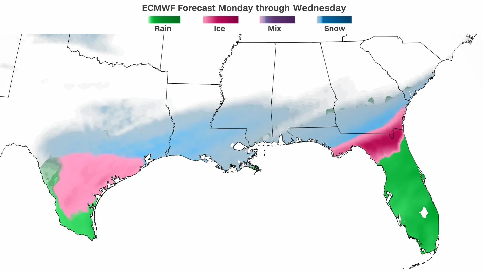 توقعات الطقس تظهر خريطة تفصيلية هطول الثلوج والأمطار في الجنوب الأمريكي الأسبوع المقبل، مع احتمالية تساقط الثلوج في مناطق غير معتادة.