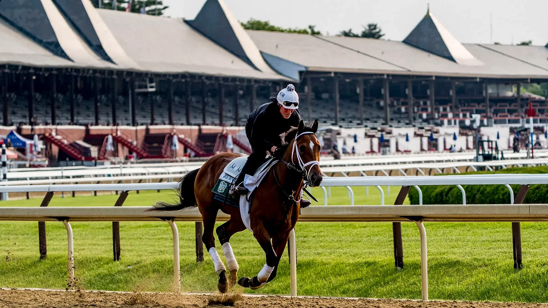حصان يتدرب على مضمار ساراتوغا للسباقات، مع خلفية للمرافق. يُظهر استعدادات الجوادين "سوفرينتي" و"جورناليزم" لسباق بلمونت ستيكس.