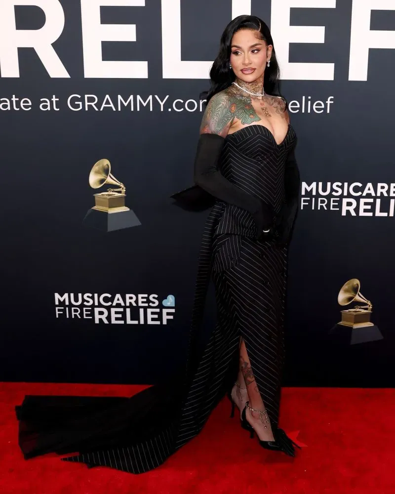 تظهر فنانة ترتدي فستانًا أنيقًا مخططًا أثناء حضورها حفل توزيع جوائز غرامي، مع خلفية تبرز شعار "موسيقى للإغاثة من الحرائق".