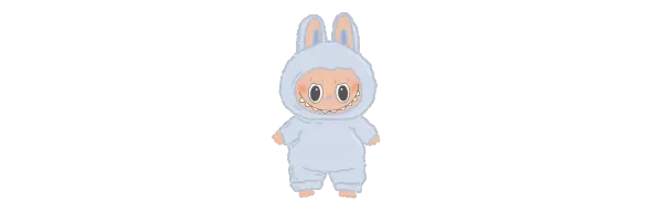 دمية لابوبو ترتدي زي أرنب بلون أزرق فاتح، تتميز بملامح لطيفة وابتسامة. تعكس شعبية هذه الدمى في ثقافة جمع المقتنيات.