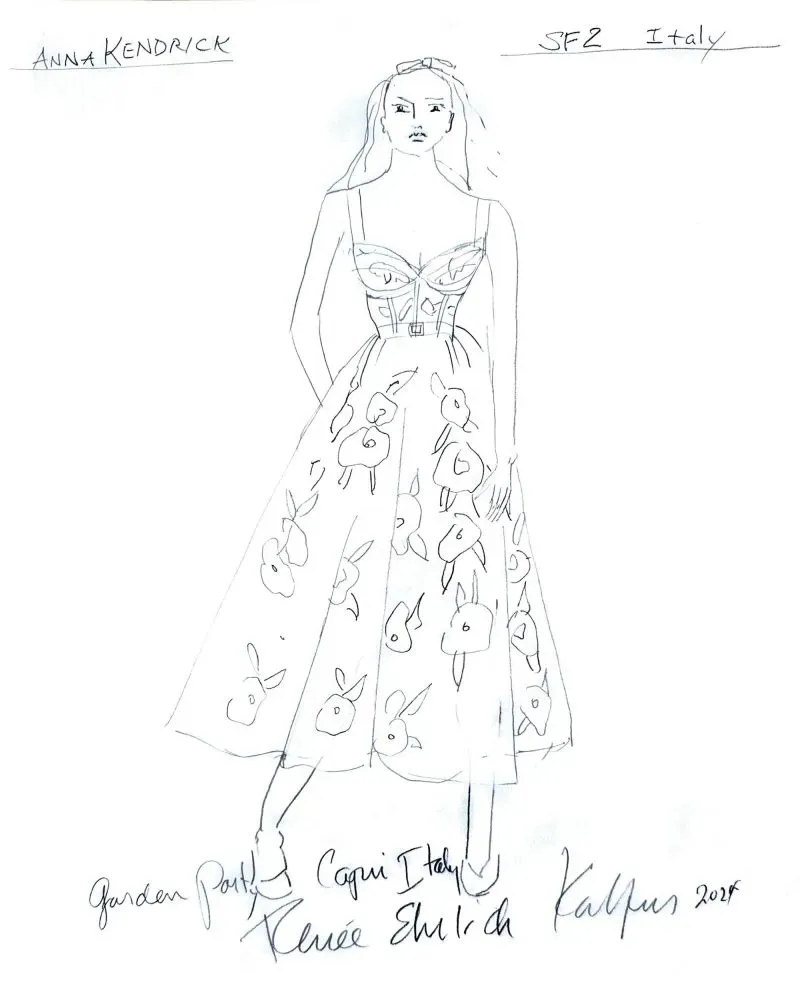 رسمة تخطيطية لفستان أنيق من تصميم رينيه إيرليش كالفوس، يمثل شخصية ستيفاني في فيلم "خدمة بسيطة أخرى"، مع تفاصيل زهور ملونة.