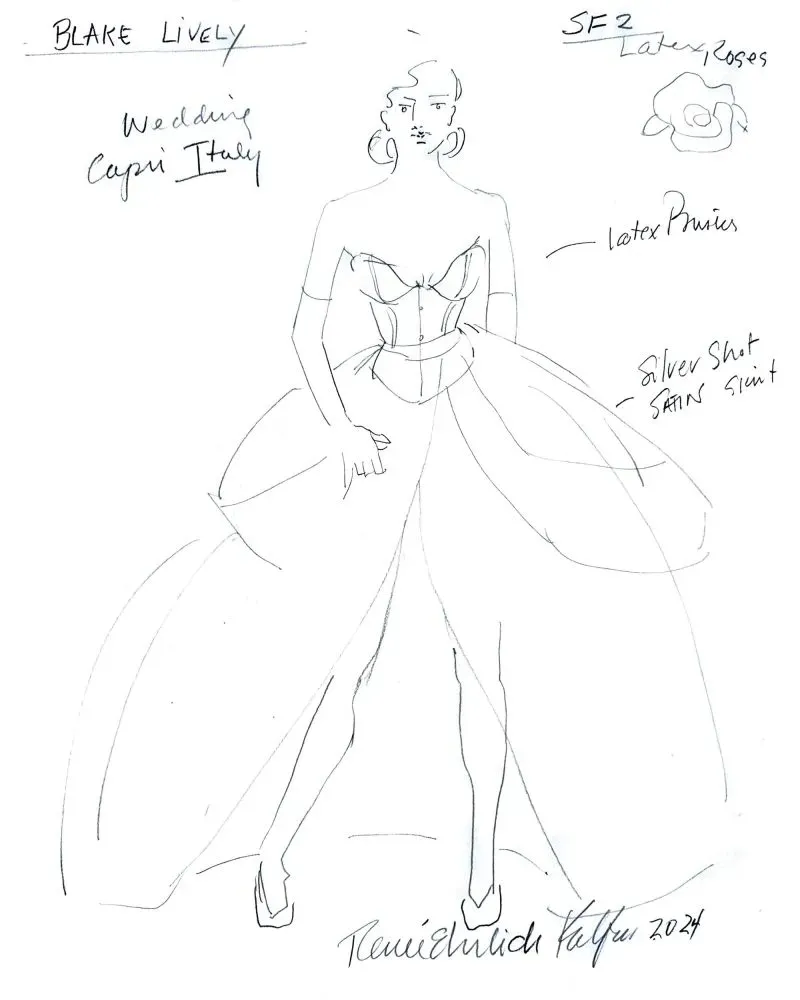 رسمة تخطيطية لفستان زفاف إيميلي في فيلم "خدمة بسيطة أخرى"، يظهر تفاصيل التصميم مثل القماش اللاتكس والتنورة الراقية.