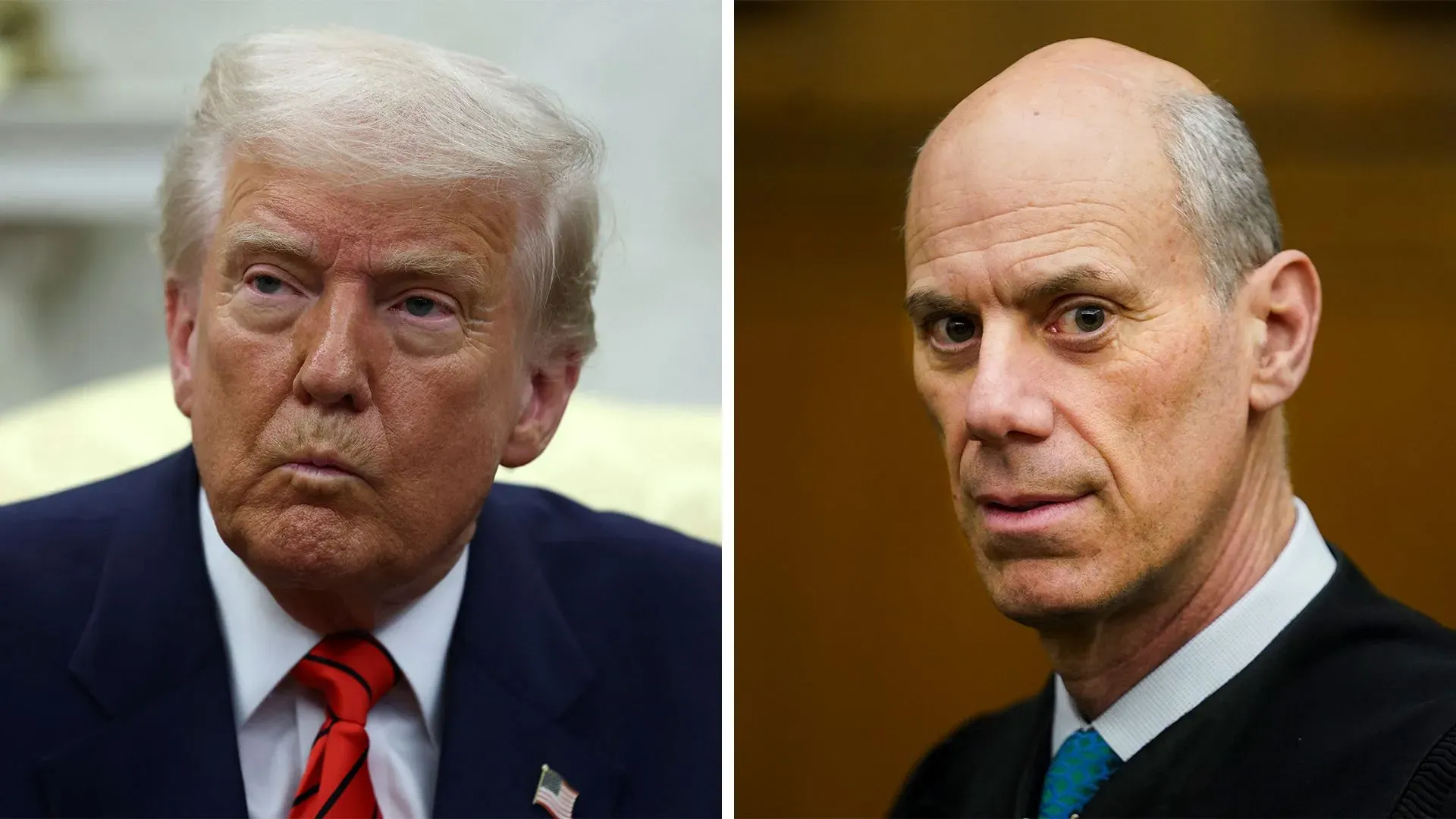 صورة تظهر القاضي جيمس بواسبرغ إلى جانب الرئيس السابق دونالد ترامب، تعكس التوترات القانونية حول سياسات الترحيل والإجراءات القضائية.