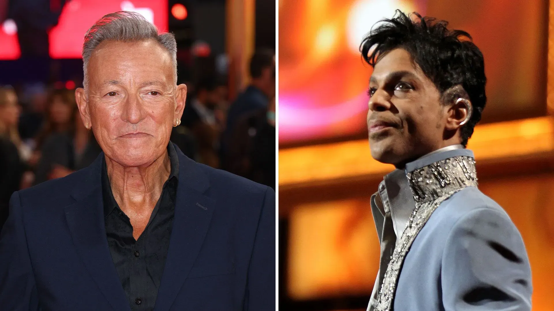 صورة تجمع بروس سبرينغستين وبرنس، حيث يظهر الأول بملابس رسمية والثاني بزي مميز، تعكس الاحترام المتبادل بينهما في عالم الموسيقى.