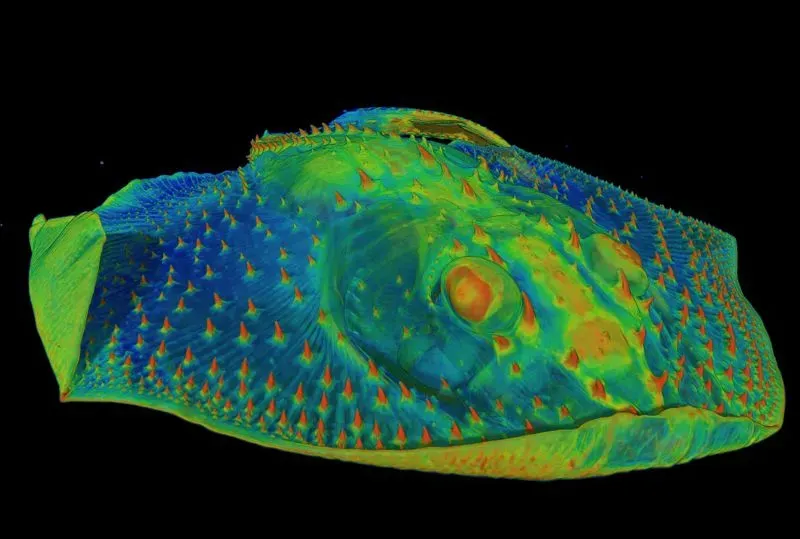 حفرية لمخلوق يُدعى أناتوليبيس، تظهر تفاصيل دقيقة لهيكله الخارجي، مما يبرز أوجه التشابه مع الأسنان في الأسماك القديمة.