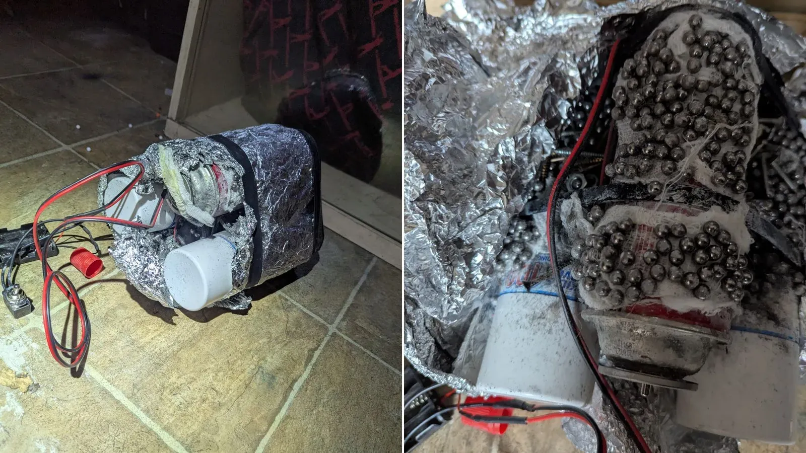 جهاز يُشتبه في كونه قنبلة، مُغطى بورق الألمنيوم، مع أسلاك كهربائية وكريات معدنية، تم استرداده من غرفة نوم المشتبه به في لونج بيتش.