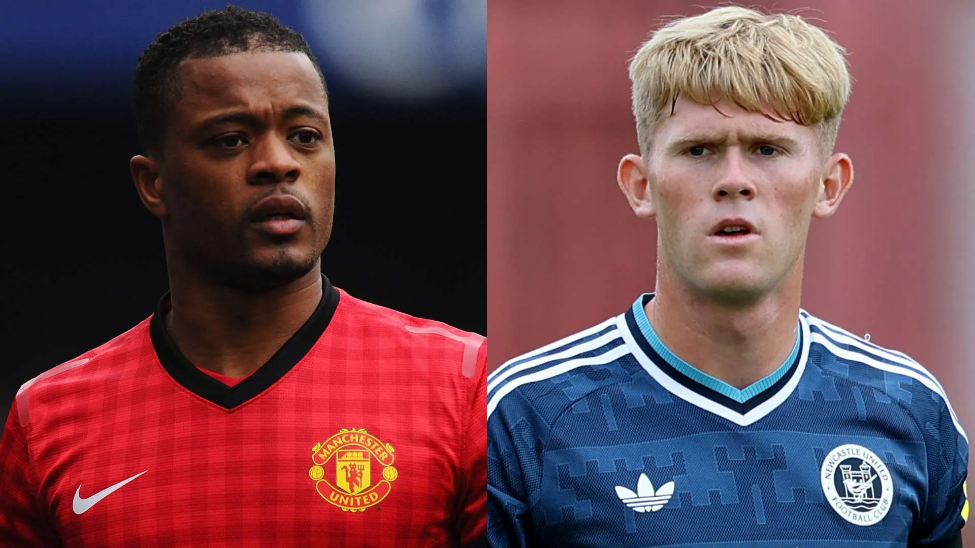 لاعب كرة القدم لويس هول في قميص نيوكاسل يونايتد إلى جانب لاعب مانشستر يونايتد، مع التركيز على تعزيز مركز الظهير الأيسر في الفريق.