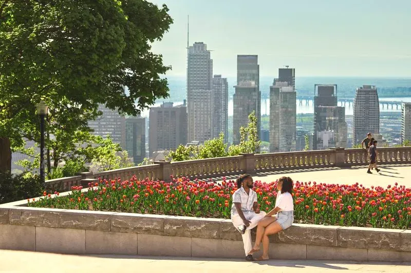 زوجان يجلسان معًا في حديقة مزهرة في مونتريال، مع منظر للمدينة الحديثة في الخلفية، يعكسان ترحيب كندا بالزوار الأمريكيين.
