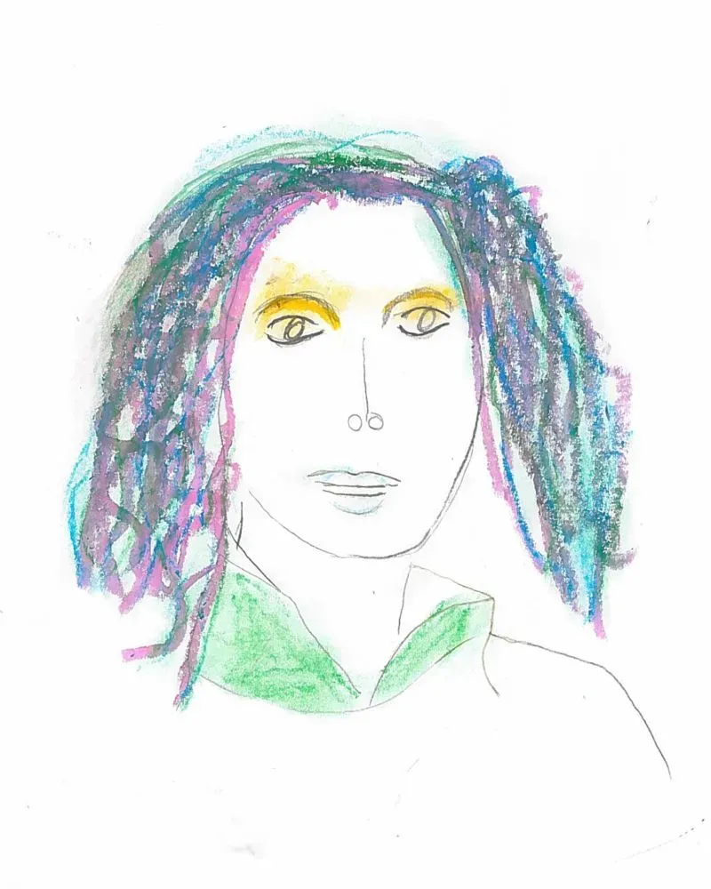 رسم ملون يظهر وجه شخص ذو شعر مجعد وألوان زاهية، يعكس الإبداع والمرح في أنشطة الأطفال الفنية.