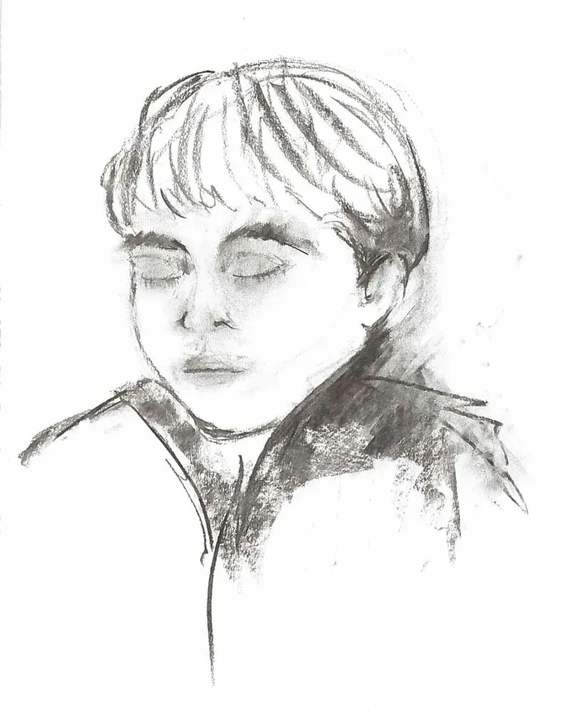 رسم توضيحي لصورة ذاتية لطفل، يظهر ملامح وجهه بوضوح مع عيون مغلقة، يعكس لحظة من الإبداع والمرح في معرض "درب شجرة البوبيام".