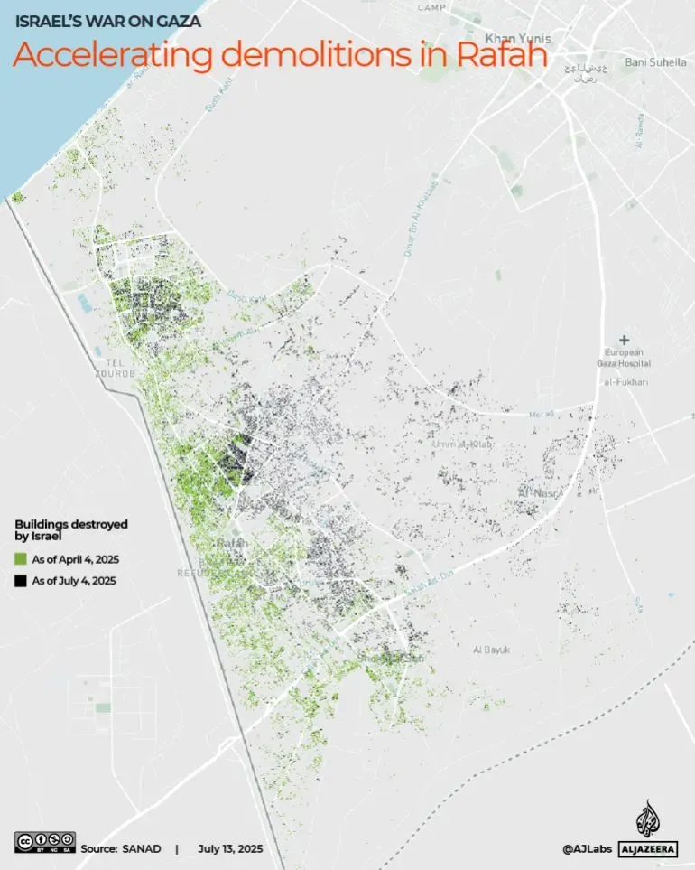 خريطة توضح تدمير المباني في رفح بفلسطين، مع تحديد المباني المدمرة منذ أبريل 2025، وتأثير الحرب المستمرة على المنطقة.