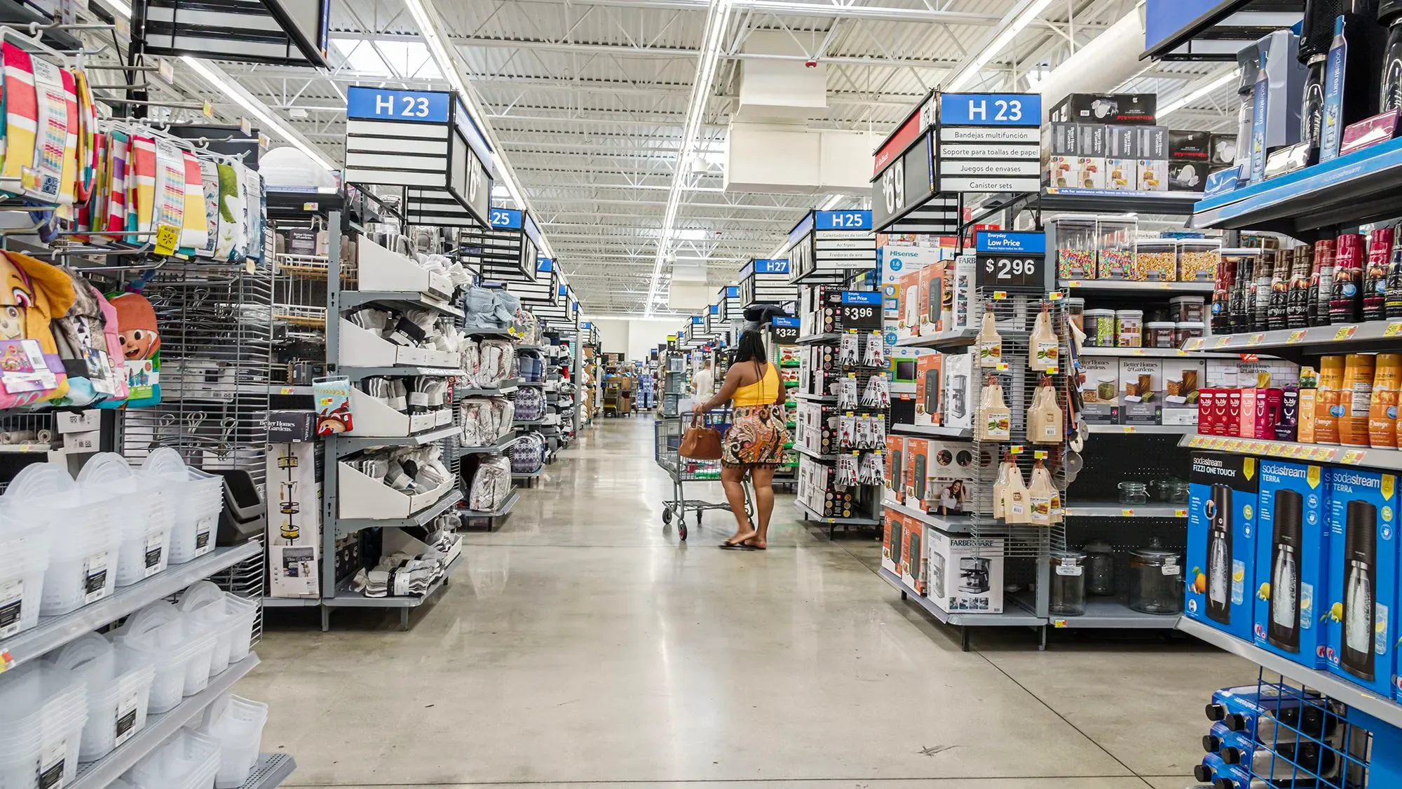 ممر في متجر وول مارت يعرض مجموعة متنوعة من السلع، مع متسوقة تحمل عربة تسوق، يعكس تحديات الأسعار بسبب الرسوم الجمركية.