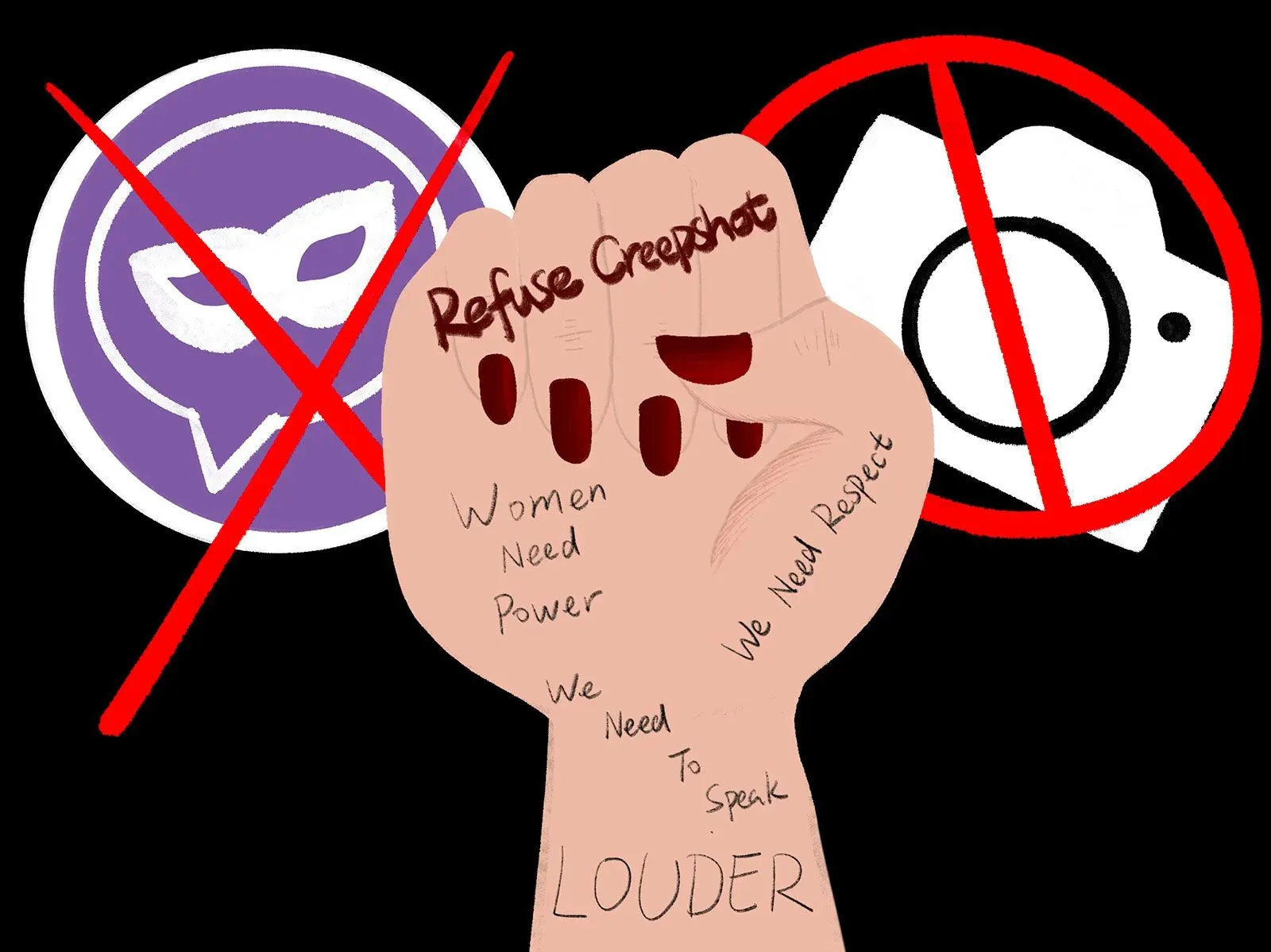 يد تعرض قبضة مرفوعة تحمل عبارات تدعو لرفض تصوير النساء دون إذن، مع رموز تحظر التصوير، تعبيراً عن قوة النساء وحقهن في الاحترام.