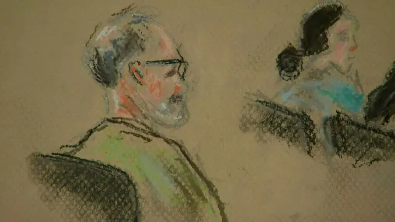 رسم توضيحي لجيسون ستروهز، والد الطفلة إليزابيث، خلال محاكمته بتهمة القتل غير العمد بعد وفاة ابنته بسبب نقص الأنسولين.