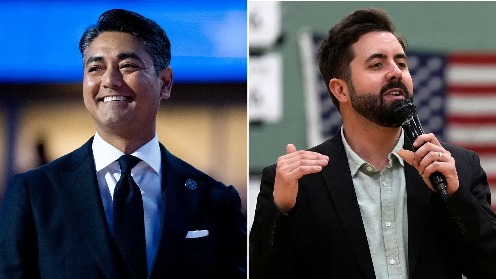 عمدة سينسيناتي أفتاب بوريفال يبتسم بينما يتحدث عمدة سينسيناتي كوري بومان، مع العلم الأمريكي خلفهما، في سياق الانتخابات المحلية.